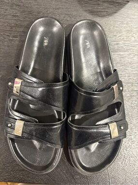 Zara Black Slide Sandals with Silver Accents